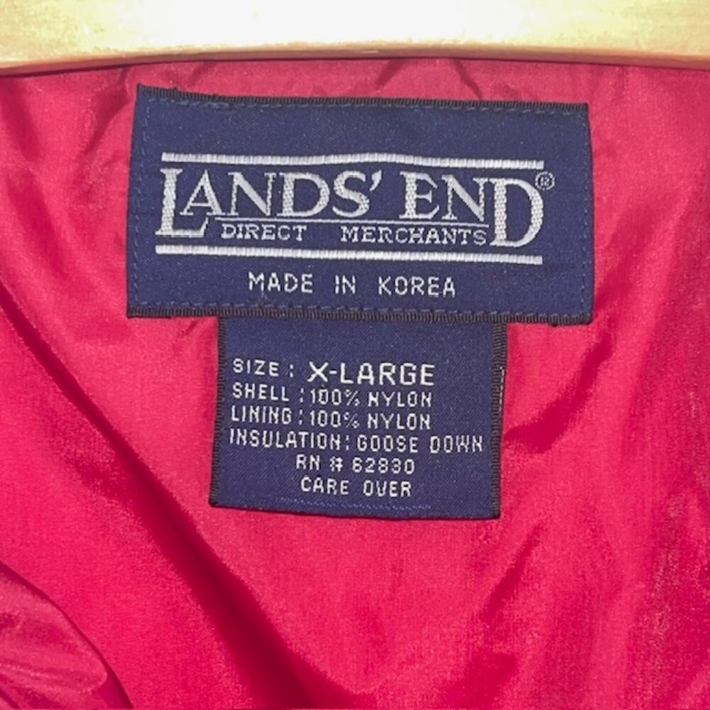 Vintage Lands End Goose Down XL Puffer Ski Jacket Red Blue Retro Y2K Winter Coat - Picture 2 of 8